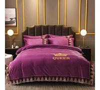 SLOPSS Double Grey Bedding 4 Piece Bed Sheet Lace Winter Soft Warm Smooth Flannel Duvet Set Quilt Cover Twin Size (Purple King)