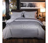 SLOPSS Double Grey Embroidery Satin Sets Size Cotton Bedding Set Duvet Covers Quilt Cover (B King)