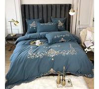 SLOPSS Double Set King Size White Duvet Covers Bedding Sets Quilt Cover Flat Sheet Pillowcases 4pcs Cotton Embroidery (Blue Queen)