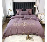 SLOPSS Double Set King Size White Duvet Covers Bedding Sets Quilt Cover Flat Sheet Pillowcases 4pcs Cotton Embroidery (Purple Queen)