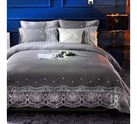 SLOPSS Duvet Sets Bedding Set Satin Silk Single Double King Quilt Cover Flat Bed Sheet Bedcloth (Dark Gray Queen)
