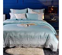 SLOPSS Duvet Sets Bedding Set Satin Silk Single Double Quilt Cover Flat Bed Sheet Bedcloth (Blue King)