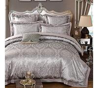 SLOPSS Ensemble Couverture de Couette Silk Liberding 100% Coton Libering Luxury Satin Jacquard Litting Ensembles 6pcs King Size Silver Grey White Rose lit Double (D Queen)