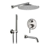 SLOPSS Ensemble de Robinet de Douche brossé, Douche de Pluie en Acier Inoxydable avec Baignoire, Wall Mount Rain Boucheur Douche avec Douche à Main, 10 Pouces (12 A)