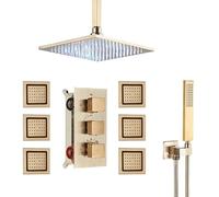 SLOPSS Ensembles de Douche pour Salle de Bain Brackaged Gold Thermostatic Shower System LED Pluie Pluie Douche à 3 Voies Thermoser Brass Brass Basker 6PCS Spa Jets Baignoire Douche de Baignoire 12