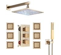 SLOPSS Ensembles de douche pour salle de bain Brackaged Gold Thermostatic Shower System LED Pluie Pluie Douche à 3 voies Therment Thermoser Brass Braser Basker 6PCS Spa Jets Baignoire Mur de douche 12