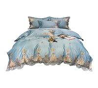 SLOPSS Four-Piece Long-Staple Pure European-Style Embroidery Cotton Quilt Cover Sheet Double Bed (Color Size (Blue 1 1.8m)
