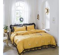 SLOPSS Green Bedding Sets Duvet Covers Quilt Cover Flat Sheet Pillowcases Soft Silky Full Satin Silk Embroidery King Size Double Bed Twin (Yellow Queen)