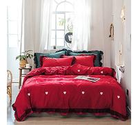 SLOPSS Green Bedding Sets Duvet Covers Quilt Cover Flat Sheet Pillowcases Soft Silky Full Satin Silk Embroidery King Size Double Bed Twin (Red Queen)