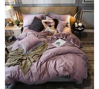 SLOPSS Grey Cotton Covers Pink Bedding Duvet Set Quilt Cover Sets with Fitted Sheet Twin Double Size Soft Warm Flannel 4 Pcs (B King)