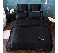 SLOPSS Luxury Bedding Set Pure Satin Silk European Style Embroidery Bed Sheet Quilt Cover Pillowcase 4pcs Romantic Soft Home Textile Flat Fitted (Color D Size : Double) (B Full)