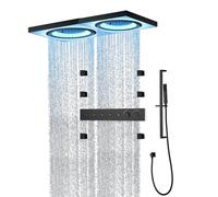 SLOPSS Music Shower Thermostatic 60x60cm 64 Couleur LED Plume Plume Bouche Cascade Double tête 5 Fonctions Douche Combo Ensemble avec des Jets de carrosserie 6 pcs Une Douche à Main, Noir