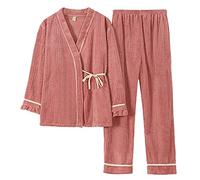 SLOPSS Pyjamas pour Dames, Pyjama Flanelle Rouge de Style Japonais Red Sleep Yukata pour Un Pantalon de vêtements de Robe épais d'hiver Adulte, a, m, m