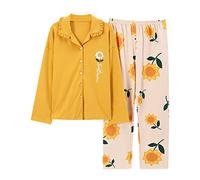 SLOPSS Pyjamas pour Dames, vêtements de Nuit en Coton Jaune Pyjamas de Tournesol placé pour Les Femmes Qui retient Cols Pijamas à Domicile décontracté Wear Pyjamas