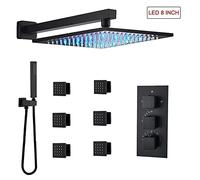 SLOPSS Robinet de Douche thermostatique Ensemble Buzle de Massage Combinaison de la tête de tête Noire avec Robinet de soupape, LED 8 Pouces