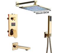 SLOPSS Robinets de Douche numérique en Or Ensemble de douches LED Précipitant la tête de Douche Or Gold à 3 Voies Temps d'écran Temple Back Tap Spout Shower-16 Pouces Ensemble de Douche de 8