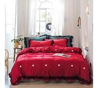 SLOPSS Set Double King Size Green Bedding Sets Duvet Covers Quilt Cover Flat Sheet Pillowcases Soft Silky Silk Embroidery (Red Queen)