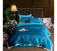 SLOPSS Set Size 4Pcs Satin Silk Duvet Fitted Sheet Pillow Cases Bedroom Quilt Cover Bedding Sets Double (Blue King)