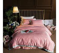 SLOPSS Set Size 4Pcs Satin Silk Duvet Fitted Sheet Pillow Cases Bedroom Quilt Cover Bedding Sets King Double (Pink Queen)