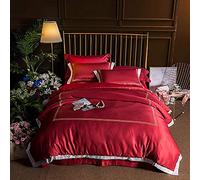 SLOPSS Set Size 4Pcs Satin Silk Duvet Fitted Sheet Pillow Cases Bedroom Quilt Cover Bedding Sets King Double (Red Queen)