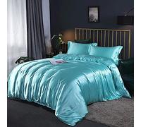 SLOPSS Sets 4pcs Silk Bedding Satin Luxury Queen King Size Set Duvet Quilt Cover Linen Pillowcase Single Double Bedclothes-Camel_2.0m (Blue 1.8m Bed)