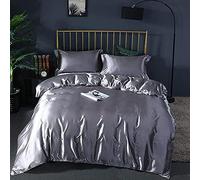 SLOPSS Sets 4pcs Silk Bedding Satin Luxury Queen King Size Set Duvet Quilt Cover Linen Pillowcase Single Double Bedclothes-Camel_2.0m (Silver 1.8m Bed)