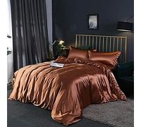 SLOPSS Sets 4pcs Silk Bedding Satin Luxury Queen King Size Set Duvet Quilt Cover Linen Pillowcase Single Double Bedclothes-Camel_2.0m (Coffee 1.2m Bed)