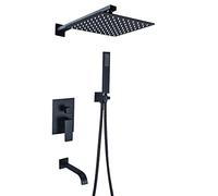 SLOPSS Shower Set 3-Function Mixer Shower Kit Stainless Steel Square Rain Shower System Shower Head and Hose Set-Drawing Gold_10 in (BlackOne 10 tum)