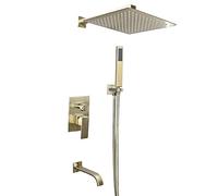 SLOPSS Shower Set 3-Function Mixer Shower Kit Stainless Steel Square Rain Shower System Shower Head and Hose Set-Drawing Gold_10 in (Draw Gold 12 tum)