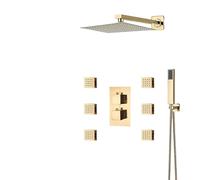 SLOPSS Shower Sets for Bathroom Luxury Gold Shower Faucet Rainfall Shower 3-Way Thermostatic Mixer Brass Shower Mixer 6pcs Spa Jets Bath Shower Ceiling Shower Wall16 inch