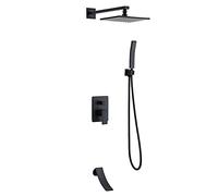 SLOPSS Shower Taps with Waterfall Tub Spout, Brass 3 Function Bathroom Faucet Shower Rainfall, Shower System Set with Hand Shower and Shower Hose Kit,Brushed Gold,10 inch (Black 10 inch)