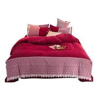 SLOPSS Size Winter Duvet 4 Pcs Bedding Set Double Bed Quilt Cover Sets Flat Sheet Twin Lace European Style Green Pink Soft Flannel Thick Warm Fabric (Red King)