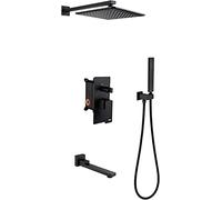 SLOPSS Système de Douche, 10 Pouces Système de Pomme de Douche avec des précipitations avec Ensemble de Combo Portable, Jeu de Robinet de Douche Mural Complet avec vanne en Laiton Baignoire, Noir,