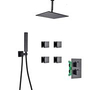 SLOPSS Système de Douche avec Jets de carrosserie, pseudonyme de Douche à Montage de Plafond avec Douche à Main, Robinet de Douche thermostatique en Laiton Ensemble Noir Mat, 10 Pouces.