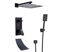 SLOPSS Système de douche de pluie Affichage numérique LED Ensemble de robinet de douche noir avec bec de baignoire en cascade, douche murale ensemble de douche en laiton en laiton une douche mélangeur