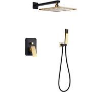 SLOPSS Système de Douche de Pluie en Or Noir, Robinet de Douche Ensemble Mural, psean à Pain de Douche de Pluie en Laiton avec Douche à Main, Ensemble de Douche de Salle de Bain, Manche Unique, 8