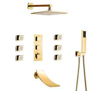 SLOPSS Système de Douche en Or, Robinet de mélangeur de Douche thermostatique, Robinet de Douche de Baignoire en Cascade en Laiton, Jeu de Robinet de Douche Mural, 16 Pouces (16 Pouces)