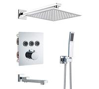 SLOPSS Thermostatic Bathroom Shower Faucet Rainfall Shower Head Wall Mounted Bathtub Mixer Tap Bath Shower Set Wall Chrome-3-Way-12-Inch Wall,3,Way,16,inch Wall
