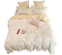 SLOPSS Washed Embroidered Four-Piece Set Girl Heart Fresh and Cute Sheets Quilt Cover Cotton Bedding (Color Size 2m) (3 Piece Suit)