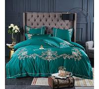 SLOPSS White Size Bedding Duvet Covers Set Quilt Cover Twin Double 220&Times;240Cm Silk Satin Embroidery 4Pcs Cotton 100% (Green King)
