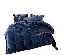 SLOPSS Winter Bedding Bed Duvet Set 4 Pcs Quilt Cover Sets Flat Sheet Twin Double Size Soft Warm Flannel Thick (Blue King)
