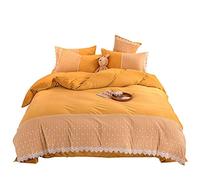 SLOPSS Winter Duvet 4 Pcs Bedding Set Double Bed Quilt Cover Sets Flat Sheet Twin Lace European Style Green Pink Soft Warm Flannel Thick (Yellow King)