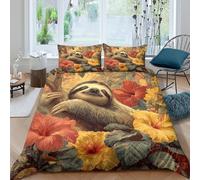 Sloth in Flowers Parure de Lit Entretien Facile Microfibre Hypoallergique 3 pièces Tropical Jungle Art Linge de Lit avec 2 Taies d'oreiller Léger for Adulte Enfants Filles King（220x240cm）