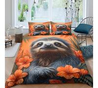 Sloth in Flowers Parure de Lit Microfibre Hypoallergique 3 Pièces 3D Effet Confortable Tropical Animal Art Housse de Couette avec Fermeture Éclair Ultra Douce for Adulte Super King（260x220cm）