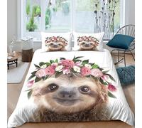 Sloth with Flowers Linge de Lit Microfibre résistante 3 Pièces 3D Effet Léger Nature Inspired Art Ensemble De Literie avec Taie d'oreiller Facile d'entretien for Chambre à Coucher Single（140x200cm）