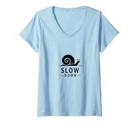 Slow Down Snail Art : Mindful Living Inspirational T-Shirt avec Col en V, Femme, Bleu Céleste, XXL