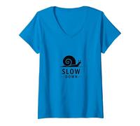 Slow Down Snail Art : Mindful Living Inspirational T-Shirt avec Col en V, Femme, Saphir, L