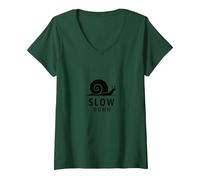 Slow Down Snail Art : Mindful Living Inspirational T-Shirt avec Col en V, Femme, Vert Forêt, L
