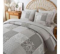 SLPR Silver Linings Parure de lit en coton Queen size avec 2 taies d'oreiller, motif patchwork neutre, couette matelasse gris argent, couvre-