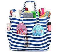 SLTAXAR Sac de plage pour femme XXL imperméable avec fermeture éclair, sac fourre-tout pour mer, famille, piscine, vacances, shopping, bleu/blanc, rayures